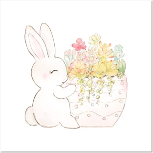 Rabbit and succulent ink and watercolor Posters and Art